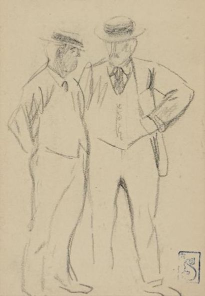 Théophile Alexandre STEINLEN (1859-1923) Hommes aux canotiers

Dessin au fusain,...