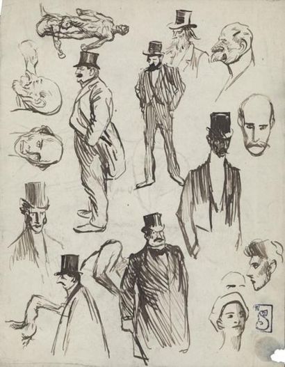 Théophile Alexandre STEINLEN (1859-1923) Feuille d’études - Etude de tête pour Jehan...