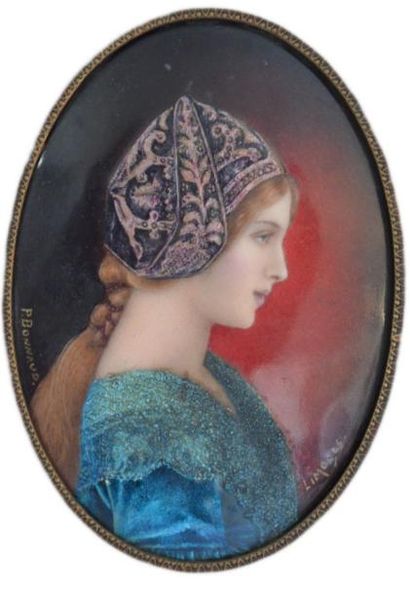 Pierre BONNAUD (1865-1930) "portrait de jeune femme" email de Limoges. Signé. 11...