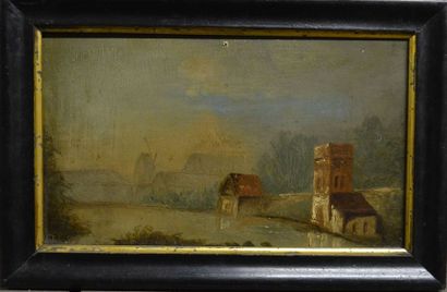 null Ecole hollandaise du début du XIXème s., "Bord de rivière au moulin", huile...