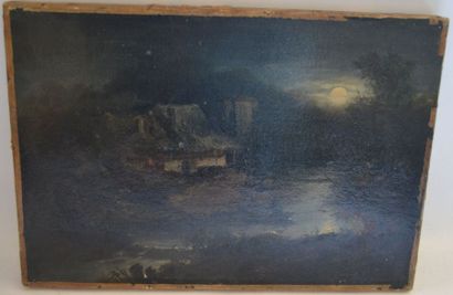 null Ecole du XIXème s., "Chaumière au clair de lune", huile sur toile, datée au...