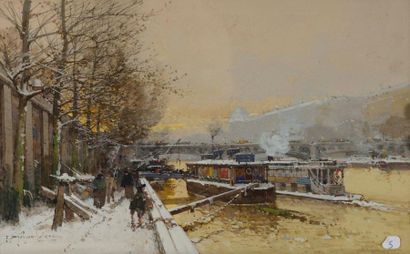 Eugène GALIEN - LALOUE (1854-1941), "La Seine à Paris (sous la neige)", aquarelle...