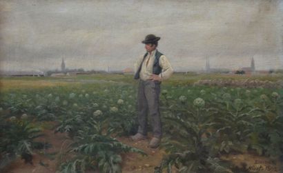 ESCUDIER "Le paysan dans les champs d'artichauts" Huile sur toile signée en bas à...