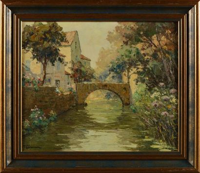 André BERONNEAU (1886/96-1973) "le petit pont de Creysse" Huile sur toile, signée...