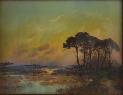Albert GOUGET (XIX-XX) "Coucher de soleil sur la Camargue" Pastel. Signé et situé...