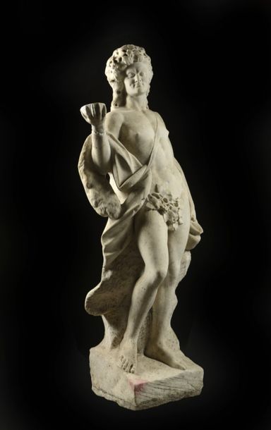 "BACCHUS" Sculpture en marbre blanc tenant une cruche dans la main gauche, et une...