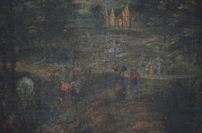 École Flamande du XVIIe "Scène de campagne animée" huile sur toile. 26,5 x 36 cm....