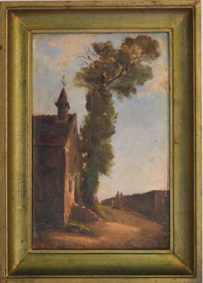 Emma Adèle Blanche ROSLIN (?-1883) "Paysage à l'église" huile sur toile, signée et...
