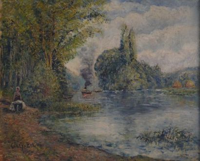 ADOLPHE CLARY-BAROUX (1865-1933) "Remorqueur en bord de Seine" Huile sut toile, signée...
