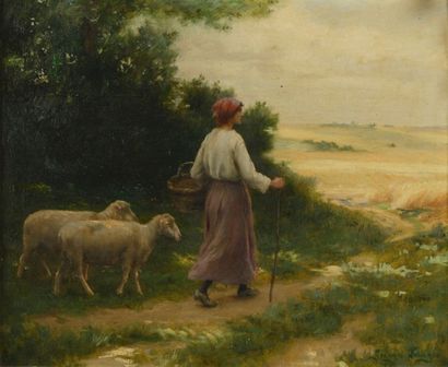Georges LAUGÉE (1853-1937) " Bergère et moutons" Huile sur toile. Signée en bas à...