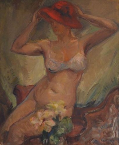 Lucienne de MEIFFREN (1895-1995) "Nu au chapeau" Huile sur toile signée en bas à...