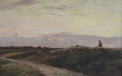 Clément QUINTON (1851-1920) "Berger et son troupeau" huile sur toile, signée en bas...