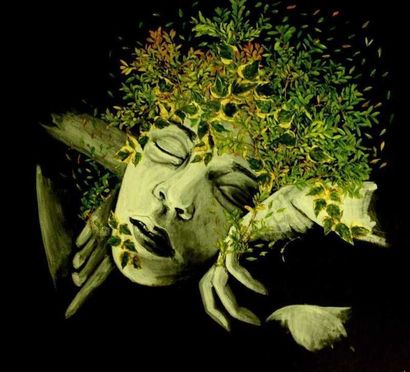Marine Le Guen « Daphnée's dream » acrylique et feuilles séchées. 80 x 80 cm