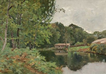 CABIE Louis (1854-1939), Ecole bordelaise «Ferme au bord de l'étang»Huile sur toileSigné...