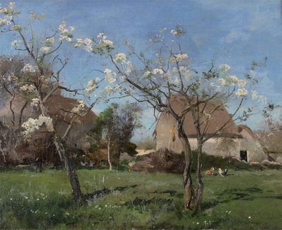 LANSYER Emmanuel (1835-1893) «Poiriers en fleurs, à la Ferté» Huile sur toileSigné...