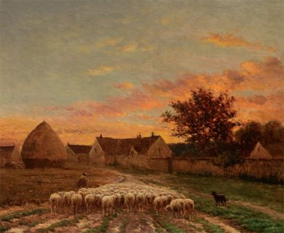 CHAIGNEAU Paul (1879-1938) «Le grand troupeau au soleil couchant à Chailly»Huile...