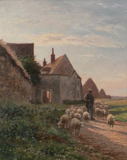 CHAIGNEAU Jean-Ferdinand (1830-1906) «Le père Chicoré et son troupeau à Barbizon»Huile...