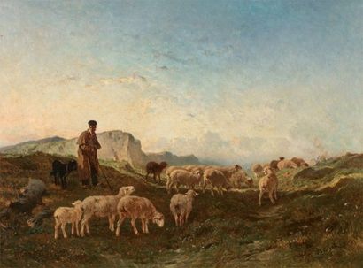 BRISSOT DE WARVILLE Félix Saturnin (1818-1892) «Berger et son troupeau»Huile sur...