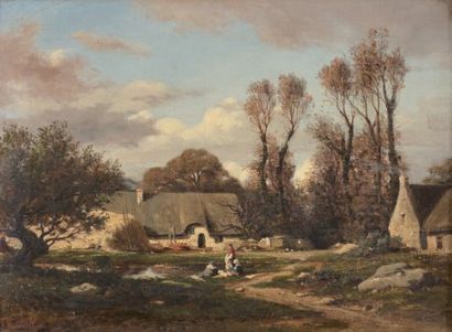 BERNIER Camille (1823-1902) «Ferme près de l'étang»Huile sur toileSigné en bas à...