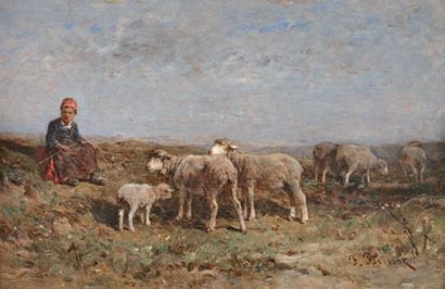 BRISSOT DE WARVILLE Felix Saturnin (1818-1892) «Bergère et ses moutons»Huile sur...