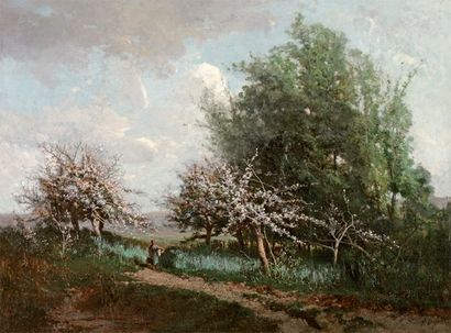DEFAUX Alexandre (1826-1900) «La rentrée du marché sous les cerisiers en fleurs»...