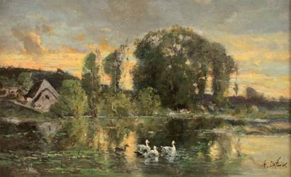 DEFAUX Alexandre (1826-1900) «La Mare aux canards» Huile sur toile Signé en bas à...