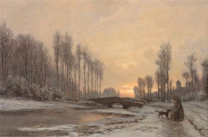 ANASTASI Auguste Paul Charles (1820-1889) «Le pont à Gretz sur Loing, en hiver»Huile...
