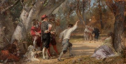 BARON Henri Charles (1816-1885) «Les joueurs de boules»Huile sur panneauSigné en...