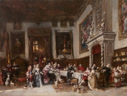 ISABEY Jean-Baptiste (1767-1855) «La salle à manger» Huile sur toileSigné et datée...