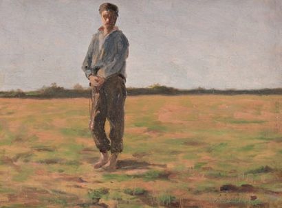 DELOBBE François Alfred (1835-1915) «Paysan au soleil couchant»Huile sur cartonSigné...