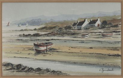 Lucien GONDRET (XXe) "Barque blanche sur le sable - Bretagne" aquarelle, signée en...