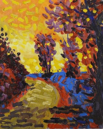 Michel PICOUET (ne en 1949) "Paysage au ciel jaune" huile sur toile, signée en bas...
