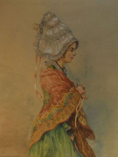 null Jean PERROT (XXème siècle) "Femme de profil en costume régional au châle brodé"...