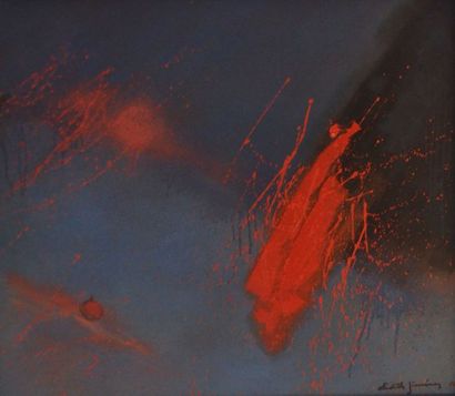 null Edith JIMÉNEZ (1918-2004) "composition en bleu et rouge" Huile sur toile, signée...