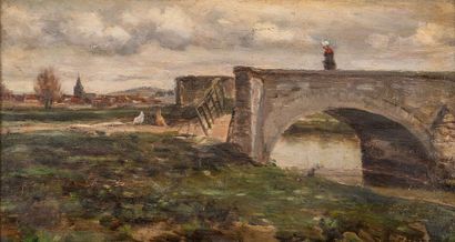 null Emile MARTEL (1847-1910) "La femme au pont" Huile sur panneau signée en bas...