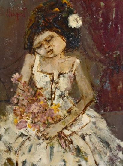 Jean?Pierre CHAPUT (1935) "Portrait de jeune fille au bouquet de 
fleurs" Huile...