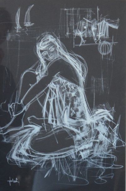  "femme assise sur la plage" craie et peinture sur fond noir. Porte 
une signature...