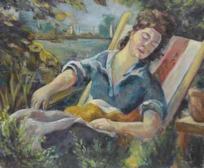 Raymond dit "Ray" LETELLIER" (1921-2014) Ma femme endormie, huile sur toile, signé...