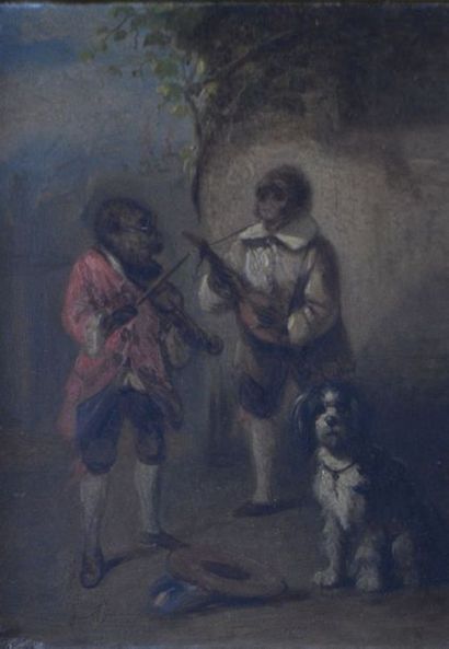 ECOLE FRANÇAISE DU XIXe "Singes musiciens" huile sur panneau. 25 x 19 cm
