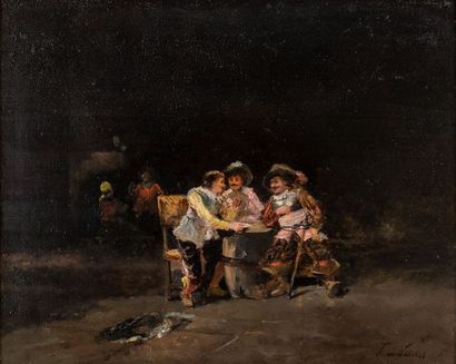 J. DE NINVILLE (XIXe siècle) "Mousquetaires dans une taverne" Huile sur panneau signée...