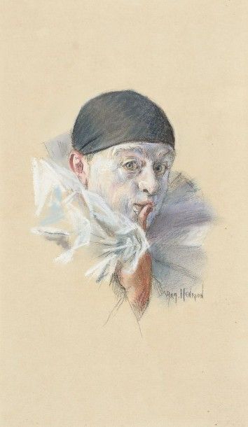Armand HENRION (1875-1958) "Pierrot" Pastel et crayon, signé en bas à droite. 37...