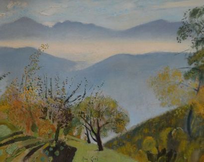 René CENIS (1922-2004) "L'écharpe de brume, Grenoble" Huile sur toile signée en bas...