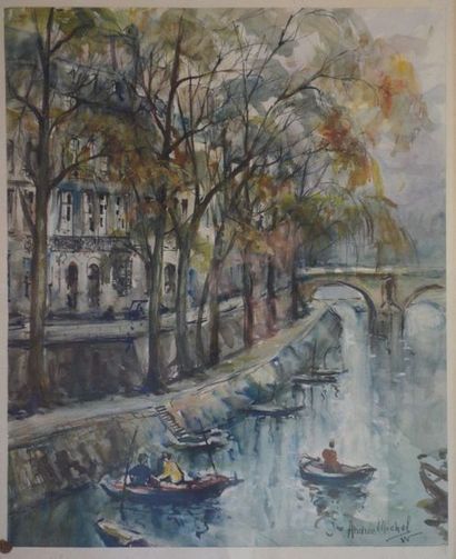 Andrée Michel (1908-1975) "Paris, les quais, Ile Saint Louis" Aquarelle signée en...