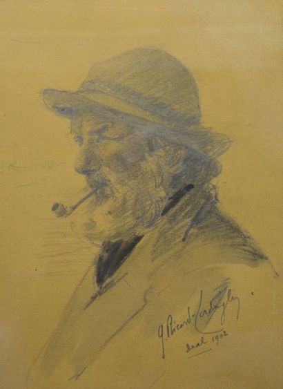 Georges Ricard Cordingley (1873-1939) "Homme à la pipe" Fusain signé en bas à droite...