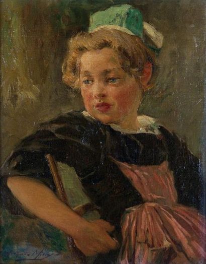 Arthur MIDY (1887-1944) "Jeune bretonne assise" Huile sur toile contrecollé sur carton,...