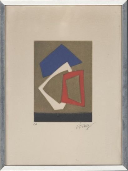 Bertrand DORNY (né en 1931) "Abstraction géométrique" Estampe gauffrée en couleur,...