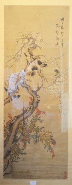null [CHINE] aquarelle sur papier à décor de branchages et oiseaux. 106 x 40 cm