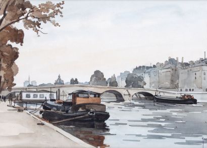 null Robert YAN (1901-1994) Les quais, Paris. Aquarelle signée. 33x45 cm