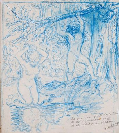 null Adolphe WILLETTE (1857-1926) "ADAM ET EVE" crayon bleu sur papier. Signé en...