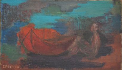 null Colette PETTIER (1907-1983), "La barque rouge", huile sur toile, titrée et datée...